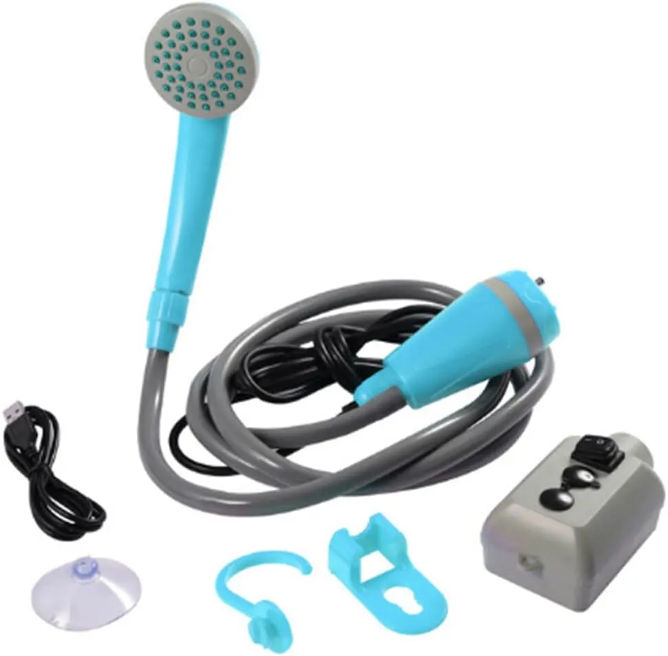Portable Shower Outdoor Camping Shower Pump Water Electric Handheld Rechargeable Portable Camping Showerhead for Camping Hiking Beach Cleaning Travel Pet Cleaning Watering (Blue)