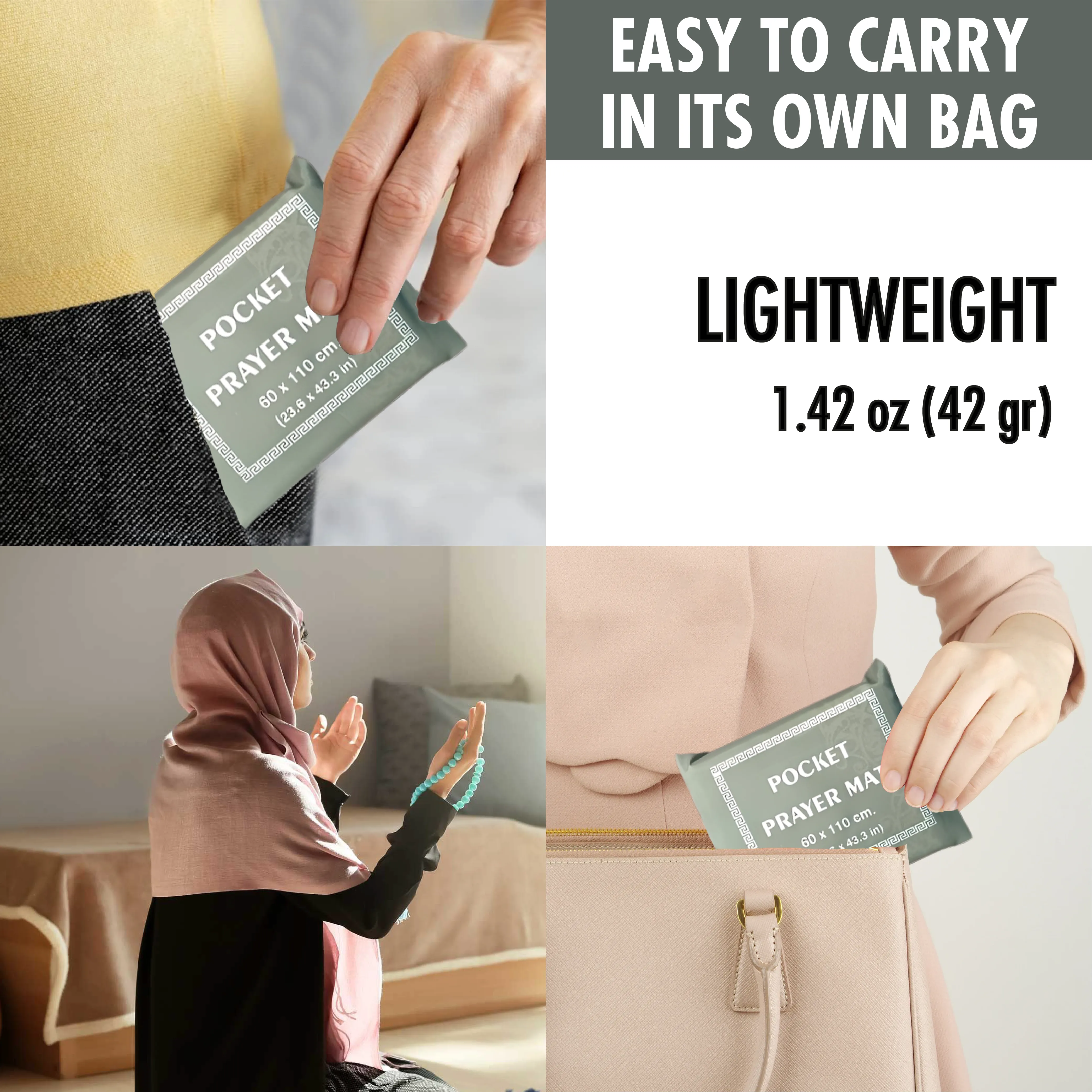Portable Travel Praying Mat, Pocket Size Muslim Prayer Rug, Grey, 23.6 in x 43.3 in
