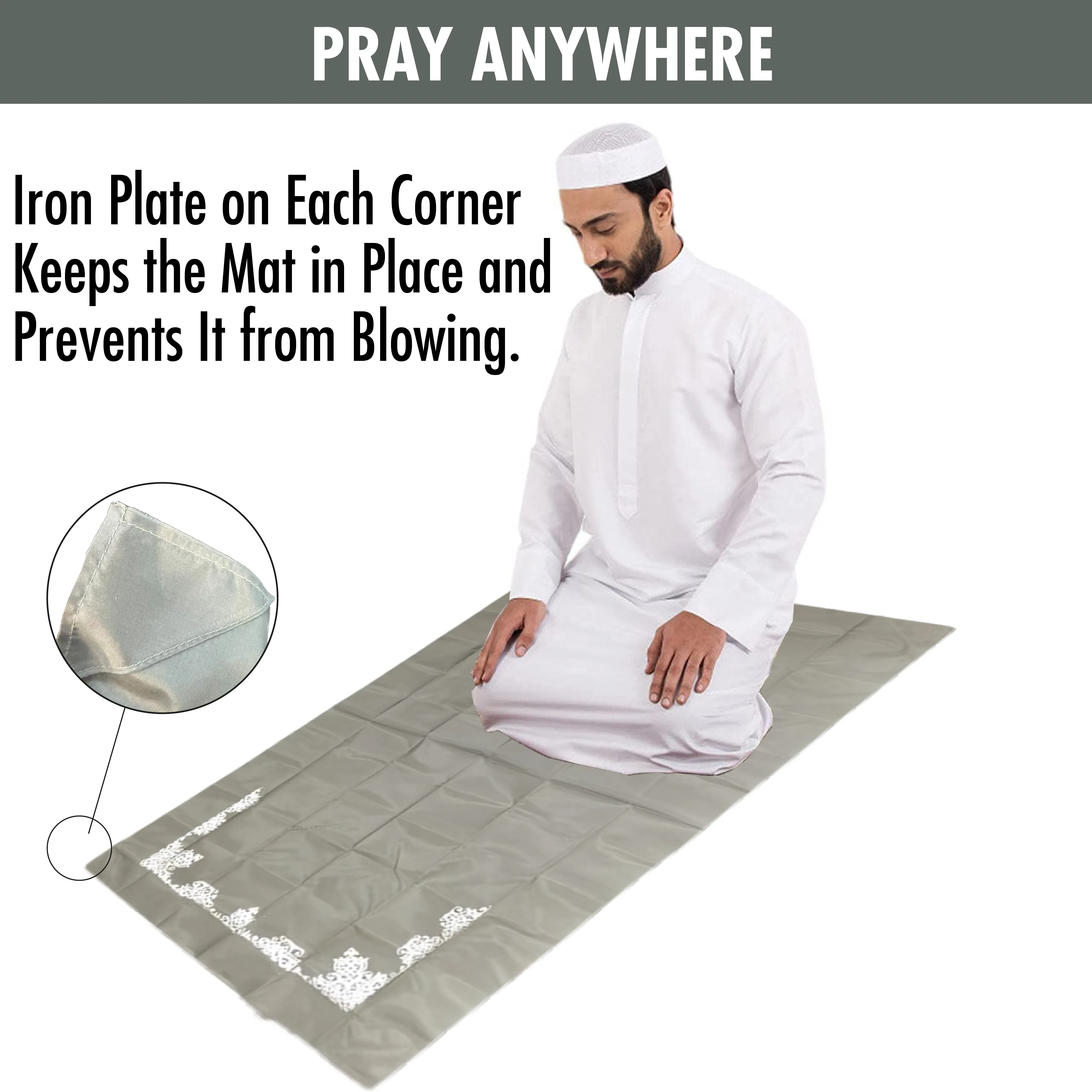 Portable Travel Praying Mat, Pocket Size Muslim Prayer Rug, Grey, 23.6 in x 43.3 in