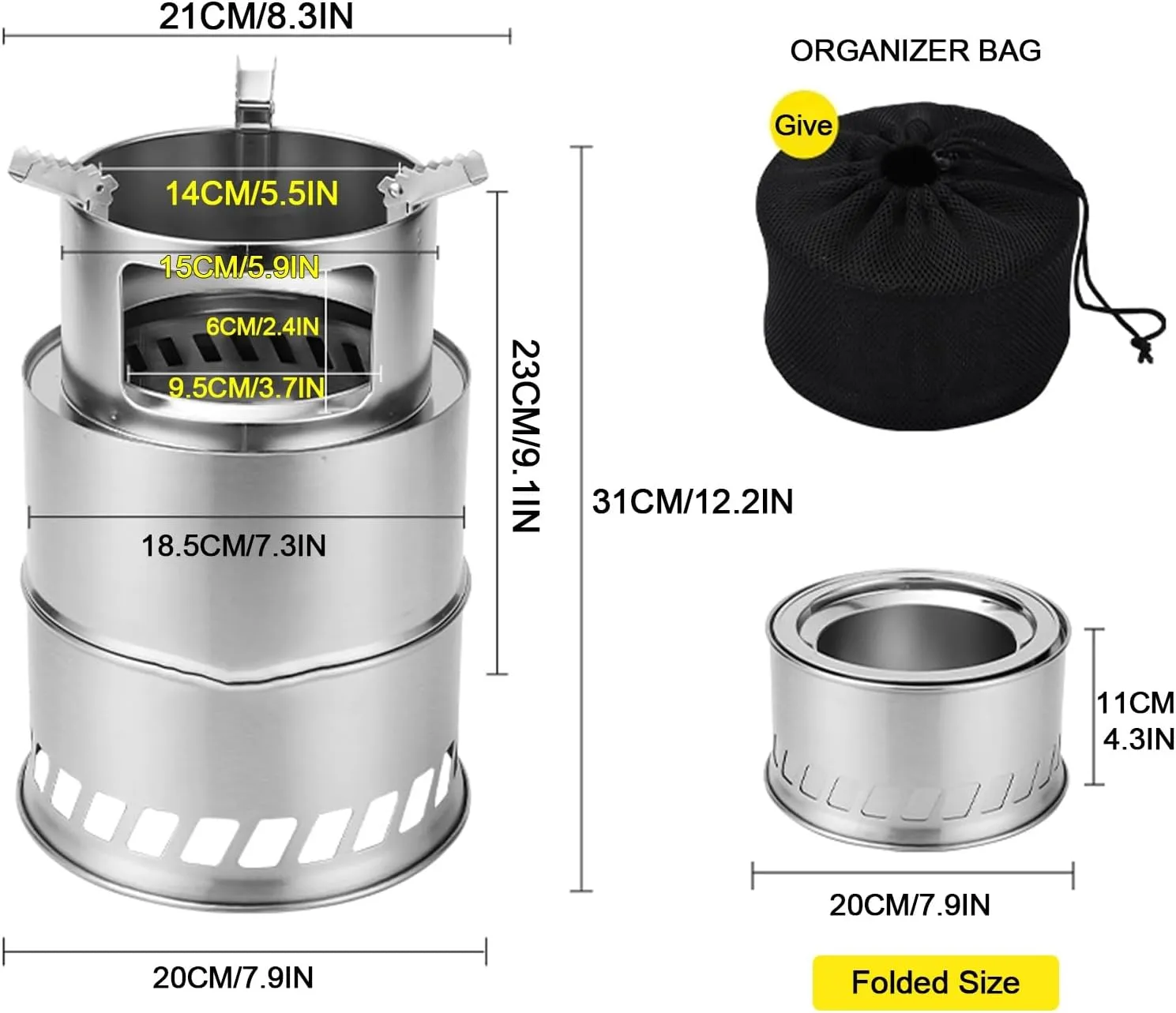 Portable Wood Stove,Camp Stove Wood,Foldable Camping Stainless Steel Stove, for Backyard Barbecue Outdoor Camping/M