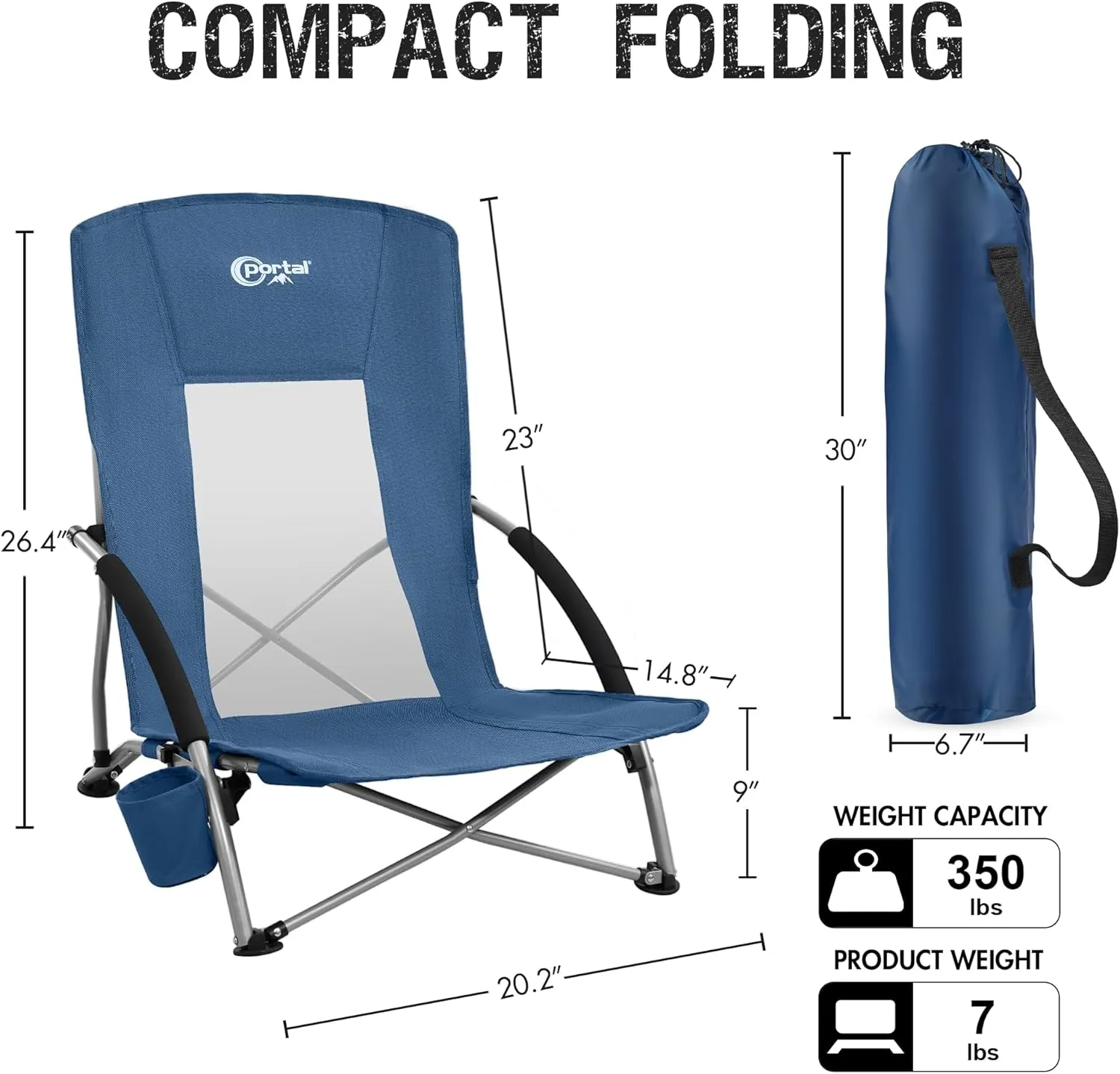 PORTAL Beach Chairs for Adults Camping Low Lightweight Portable Chair with Cup Holder Mesh Back Carry Bag for Outdoor Sand Lawn Travel Picnic Festival Concert, 350LBS