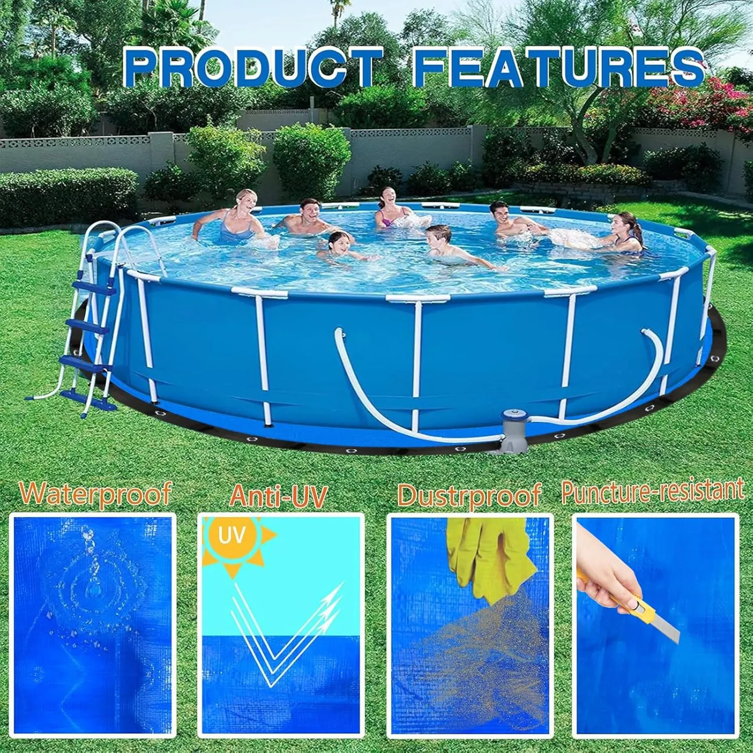 Pre-Cut 21Ft Round Pool Covers Tarps for Above Ground Pool, Waterproof Anti-Puncture Swimming Pool Ground Cloth Liner Pad UV Resistant Above Ground Pool Mat Under Pool with Metal Grommets