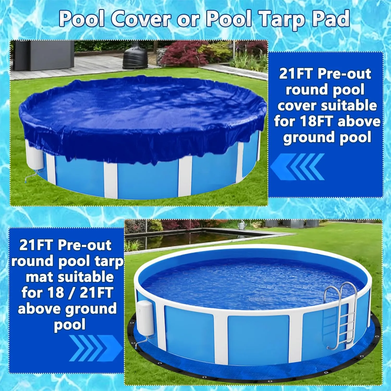 Pre-Cut 21Ft Round Pool Covers Tarps for Above Ground Pool, Waterproof Anti-Puncture Swimming Pool Ground Cloth Liner Pad UV Resistant Above Ground Pool Mat Under Pool with Metal Grommets