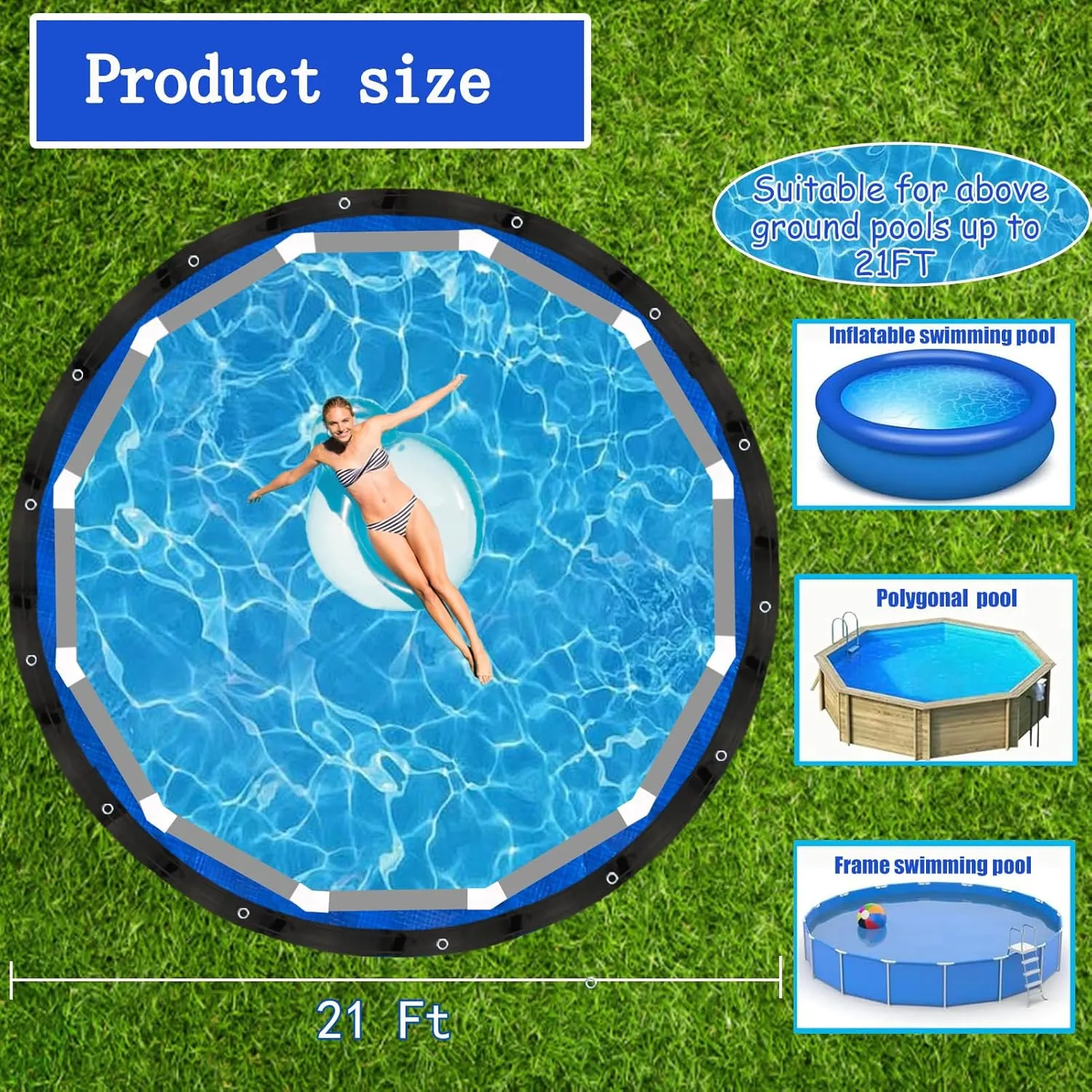 Pre-Cut 21Ft Round Pool Covers Tarps for Above Ground Pool, Waterproof Anti-Puncture Swimming Pool Ground Cloth Liner Pad UV Resistant Above Ground Pool Mat Under Pool with Metal Grommets