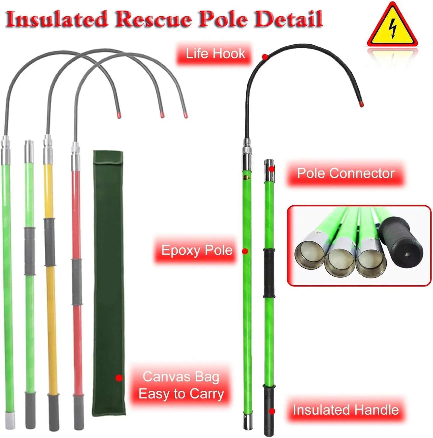 Preserver Pole Safety Hook，Insulated Body Rescue Hook, 3 5 6 10 Ft Long Lightweight Anti Electric Shock Rescue Pole for New Energy Vehicle Repairs, 10KV 35KV 110KV 220KV High Voltage Electri
