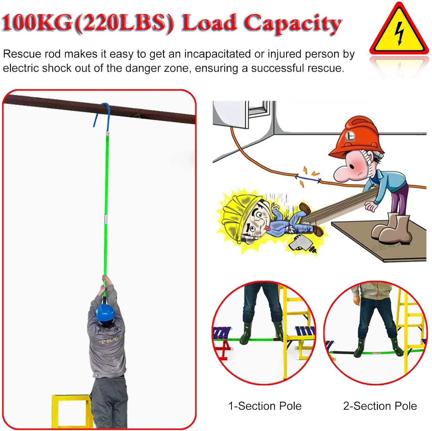 Preserver Pole Safety Hook，Insulated Body Rescue Hook, 3 5 6 10 Ft Long Lightweight Anti Electric Shock Rescue Pole for New Energy Vehicle Repairs, 10KV 35KV 110KV 220KV High Voltage Electri