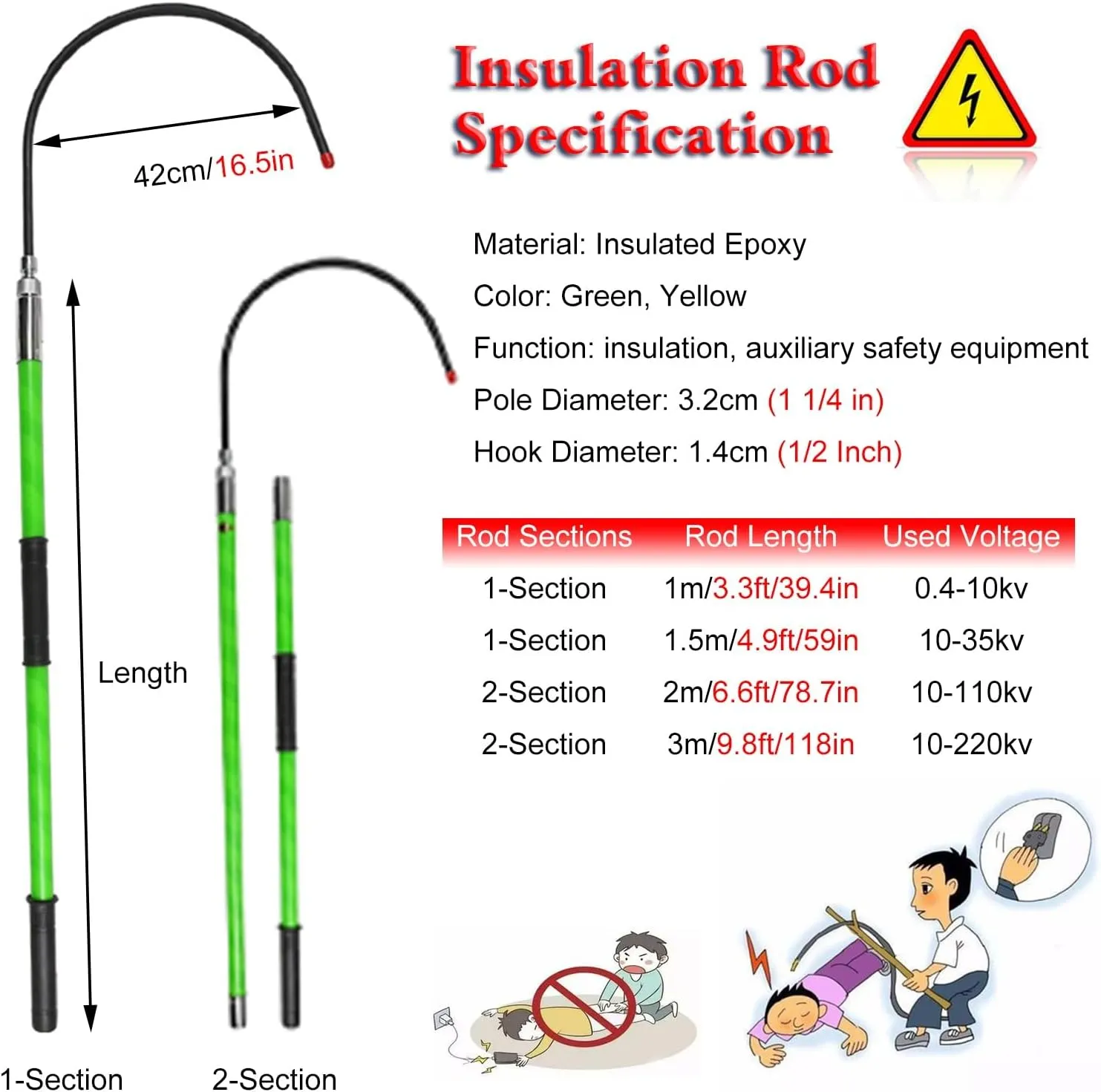Preserver Pole Safety Hook，Insulated Body Rescue Hook, 3 5 6 10 Ft Long Lightweight Anti Electric Shock Rescue Pole for New Energy Vehicle Repairs, 10KV 35KV 110KV 220KV High Voltage Electri