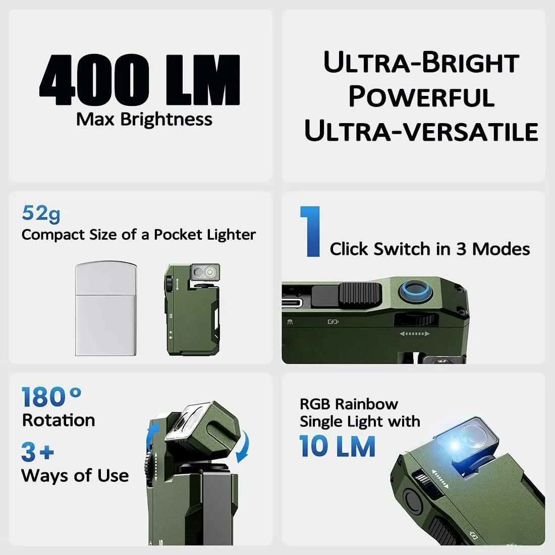 Priormer Flashlight, G5 EDC Light 400 Lumens, Compact Rechargeable Flashlight with 180° Rotatable Head, Multi-Mode LED, Ultra-Bright Keychain Torch for Camping, Hiking, Emergency (Black)