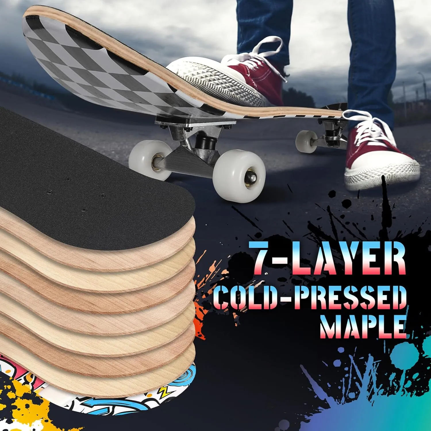 Pro Complete Skateboards for Beginners Girls Boys Kids Youths Teens Adults 31"x8" Skate Boards 7 Layers Canadian Maple Double Kick Deck Concave Longboard
