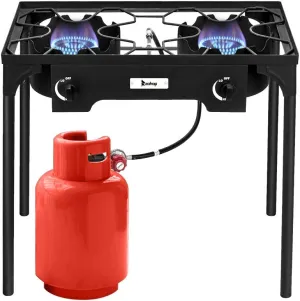 Propane Burner Stove, Propane Gas Cooker, Outdoor Camp Stove High Pressure Propane Burner Adjustable PSI Regulator and 4ft Leather Braided Hose (Double Burner 150000-BTU)