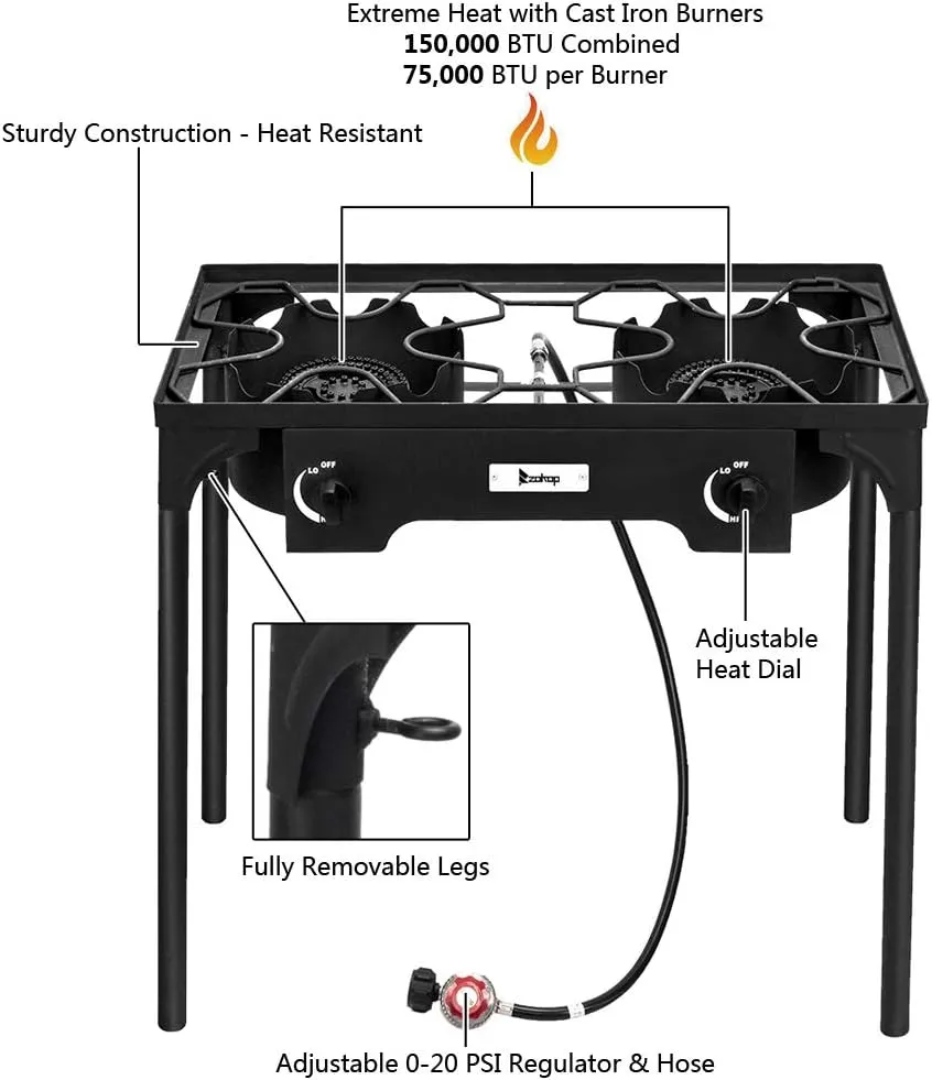 Propane Burner Stove, Propane Gas Cooker, Outdoor Camp Stove High Pressure Propane Burner Adjustable PSI Regulator and 4ft Leather Braided Hose (Double Burner 150000-BTU)