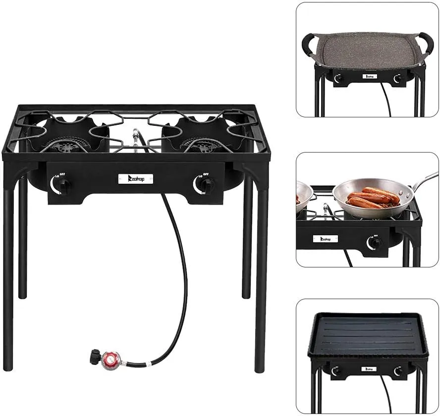 Propane Burner Stove, Propane Gas Cooker, Outdoor Camp Stove High Pressure Propane Burner Adjustable PSI Regulator and 4ft Leather Braided Hose (Double Burner 150000-BTU)