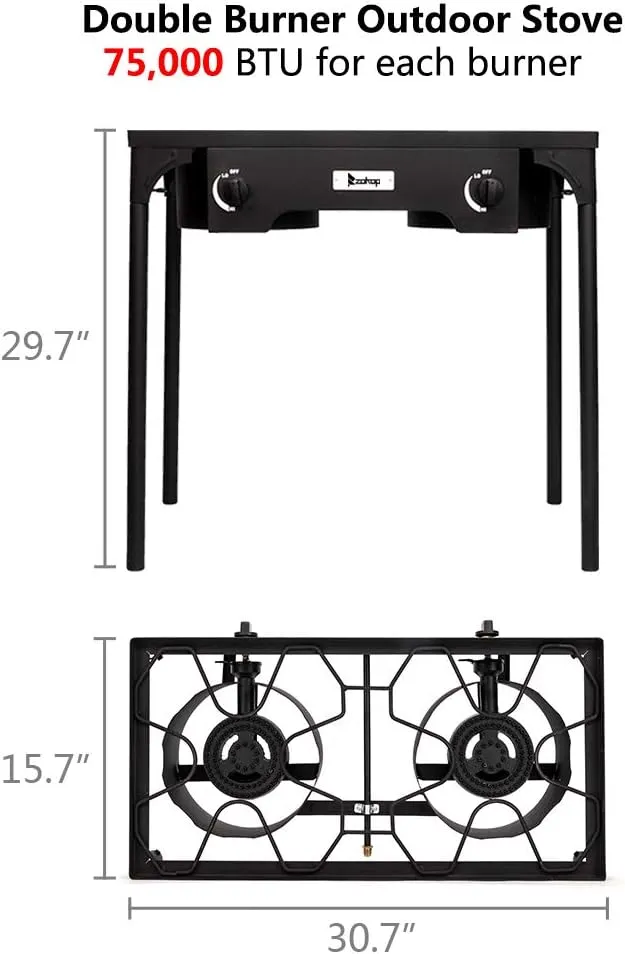 Propane Burner Stove, Propane Gas Cooker, Outdoor Camp Stove High Pressure Propane Burner Adjustable PSI Regulator and 4ft Leather Braided Hose (Double Burner 150000-BTU)