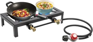 Propane Double Burner Camp Stove with Regulator Hose, Portable Outdoor Gas Stove Propane Cooker for Patio Camping Hiking Picnic, Black