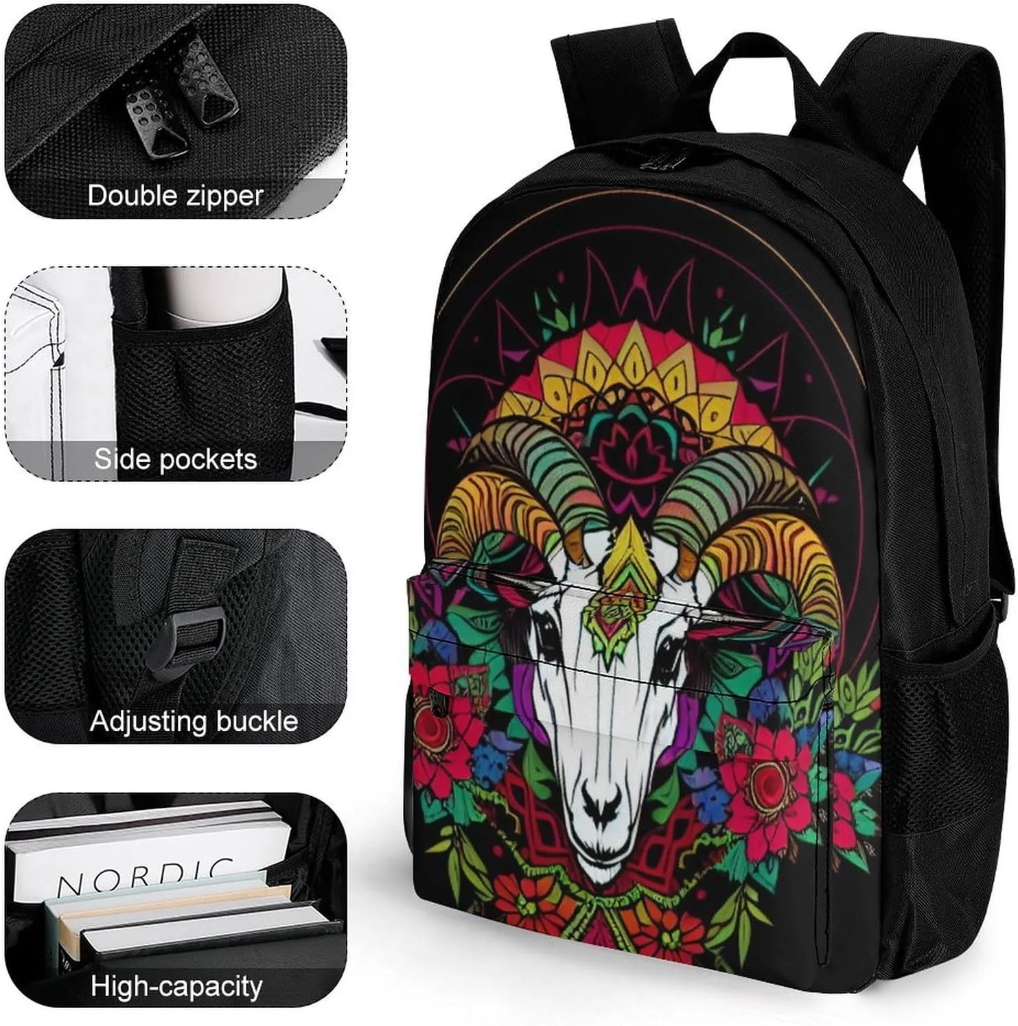 Psychedelic Goat Skull Art Rucksacks Polyester Anti-Theft Multipurpose Carry On Bag Large Capacity Gym Outdoor Hiking Backpack With Smooth Zippers