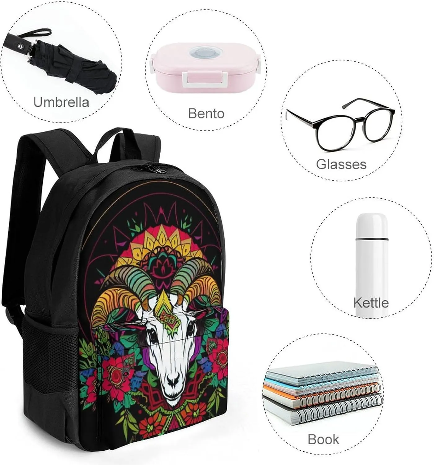 Psychedelic Goat Skull Art Rucksacks Polyester Anti-Theft Multipurpose Carry On Bag Large Capacity Gym Outdoor Hiking Backpack With Smooth Zippers