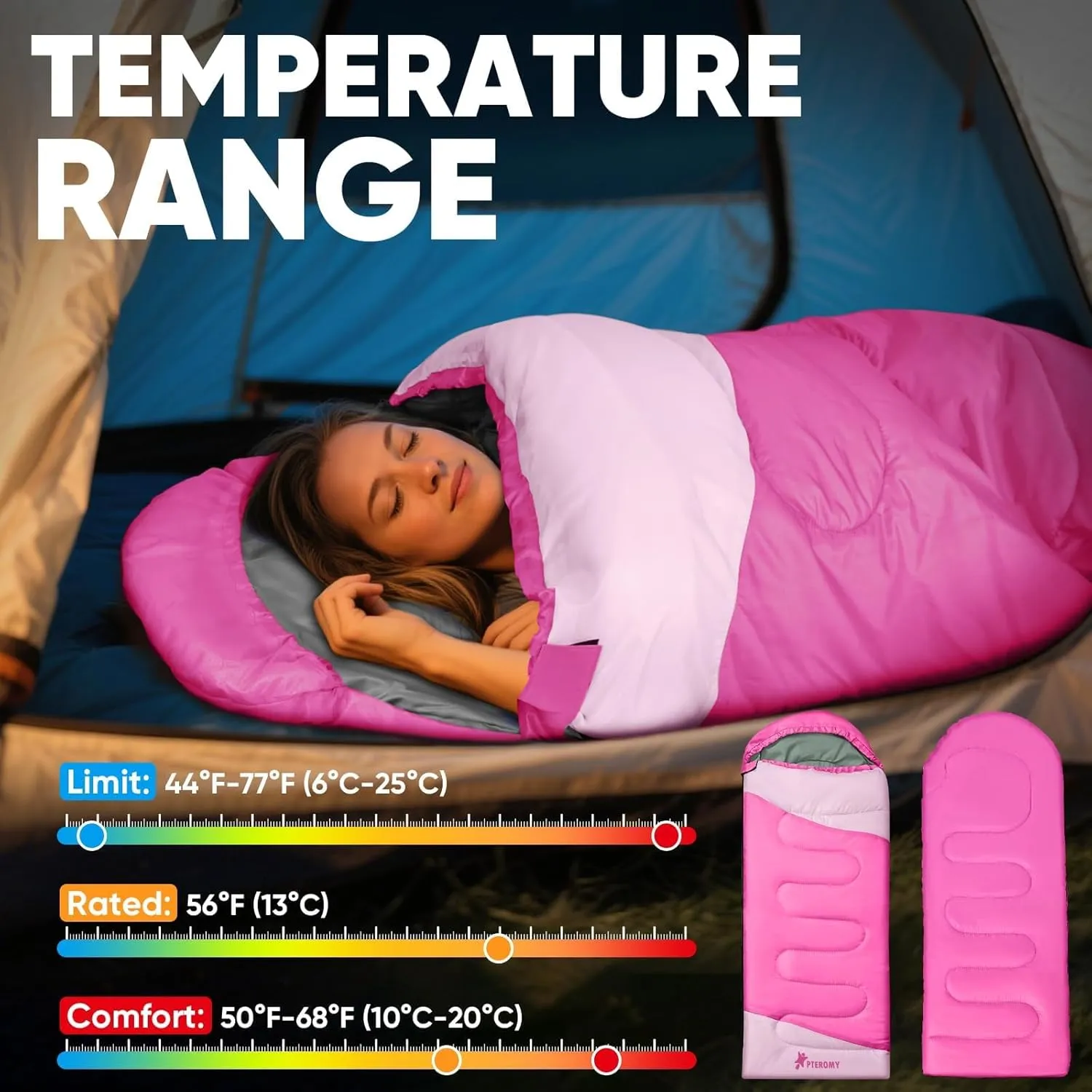 PTEROMY Sleeping Bags for Adults, Lightweight Water Resistant Backpacking Camping Sleeping Bag for Warm Cold Weather, Camping Essentials for Hiking Outdoor Travel