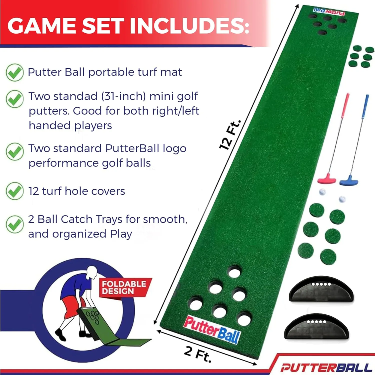 PutterBall Original Golf Pong Game Set – Backyard 12 ft Putting Green Golf Mat with 2 Putters, 2 Balls & Hole Covers – Ultimate Party Game for Home, Office, Beach