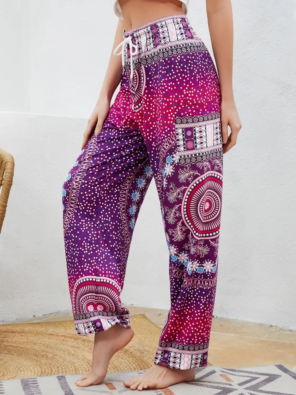 QIANXIZHAN Women's Harem Pants, Hippie Palazzo Pants Boho Joggers Yoga Clothes with Pockets