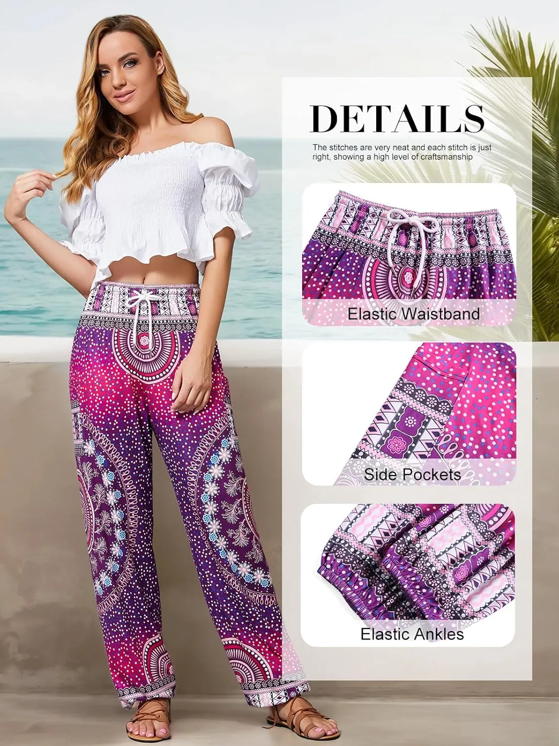 QIANXIZHAN Women's Harem Pants, Hippie Palazzo Pants Boho Joggers Yoga Clothes with Pockets