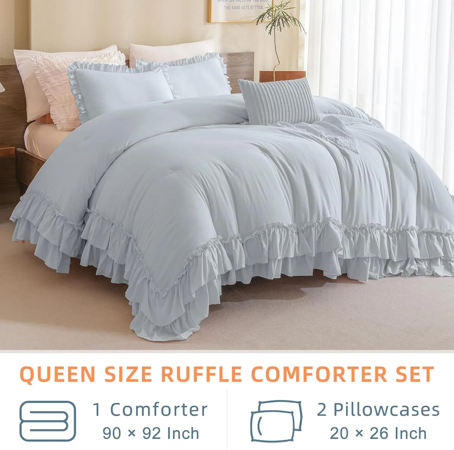 Queen's House Light Blue Ruffled Comforter Set Queen Size, Lightweight Microfiber Inner Fill Fluffy Country Rustic Coquette Bedding
