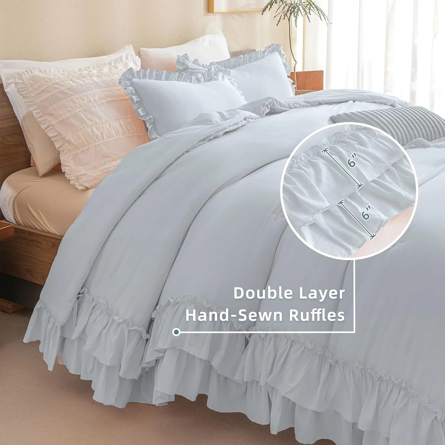 Queen's House Light Blue Ruffled Comforter Set Queen Size, Lightweight Microfiber Inner Fill Fluffy Country Rustic Coquette Bedding