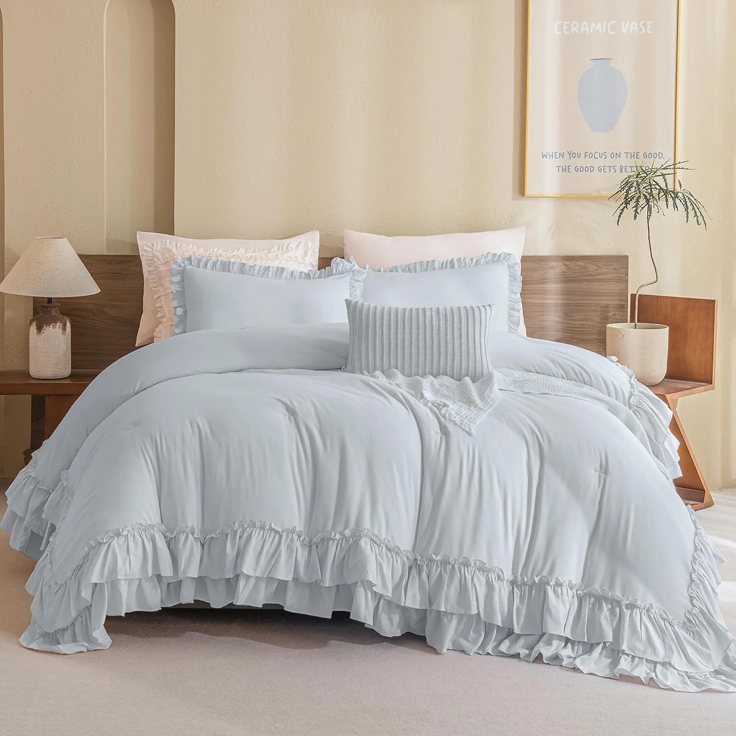 Queen's House Light Blue Ruffled Comforter Set Queen Size, Lightweight Microfiber Inner Fill Fluffy Country Rustic Coquette Bedding