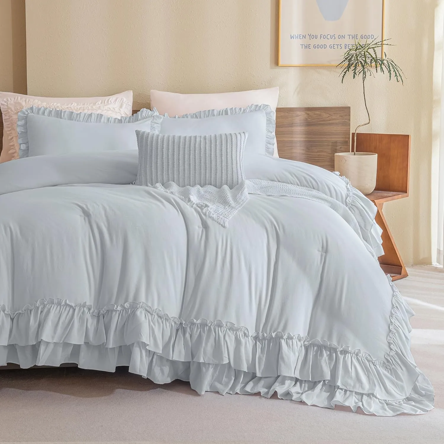 Queen's House Light Blue Ruffled Comforter Set Queen Size, Lightweight Microfiber Inner Fill Fluffy Country Rustic Coquette Bedding