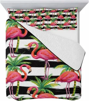 Quilt Set for King Bed, Flamingo Summer Tropical Plants Lightweight Bedding Set Summer Cooling Blanket, Abstract Black White Stripe Soft Microfiber Coverlet Sets with Pillowcase