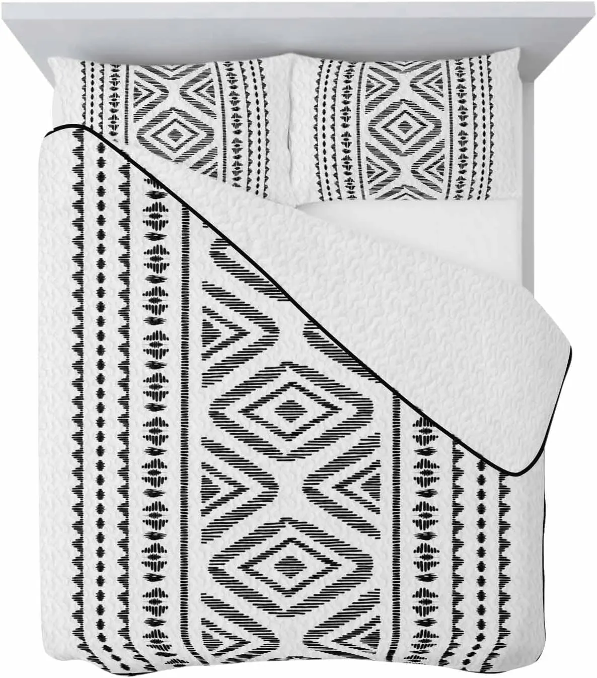 Quilt Set for Queen Bed, Boho Retro Black Geometric Pattern Lightweight Bedding Set Summer Cooling Blanket, Tribal Stripes on White Soft Microfiber Coverlet Sets with Pillowcase