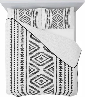 Quilt Set for Queen Bed, Boho Retro Black Geometric Pattern Lightweight Bedding Set Summer Cooling Blanket, Tribal Stripes on White Soft Microfiber Coverlet Sets with Pillowcase