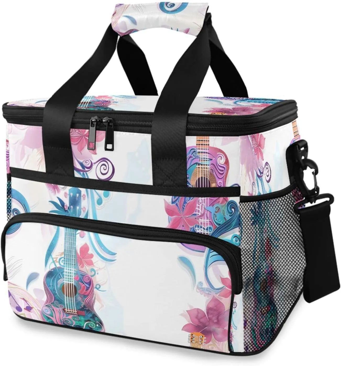Rainbow Guitar White Cooler Bag Insulated Cooler Soft Sided Cooler 24 Can Portable Picnic Bag Large Leakproof Lunch Bag Box for Beach Grocery Camping Travel Car Men Women