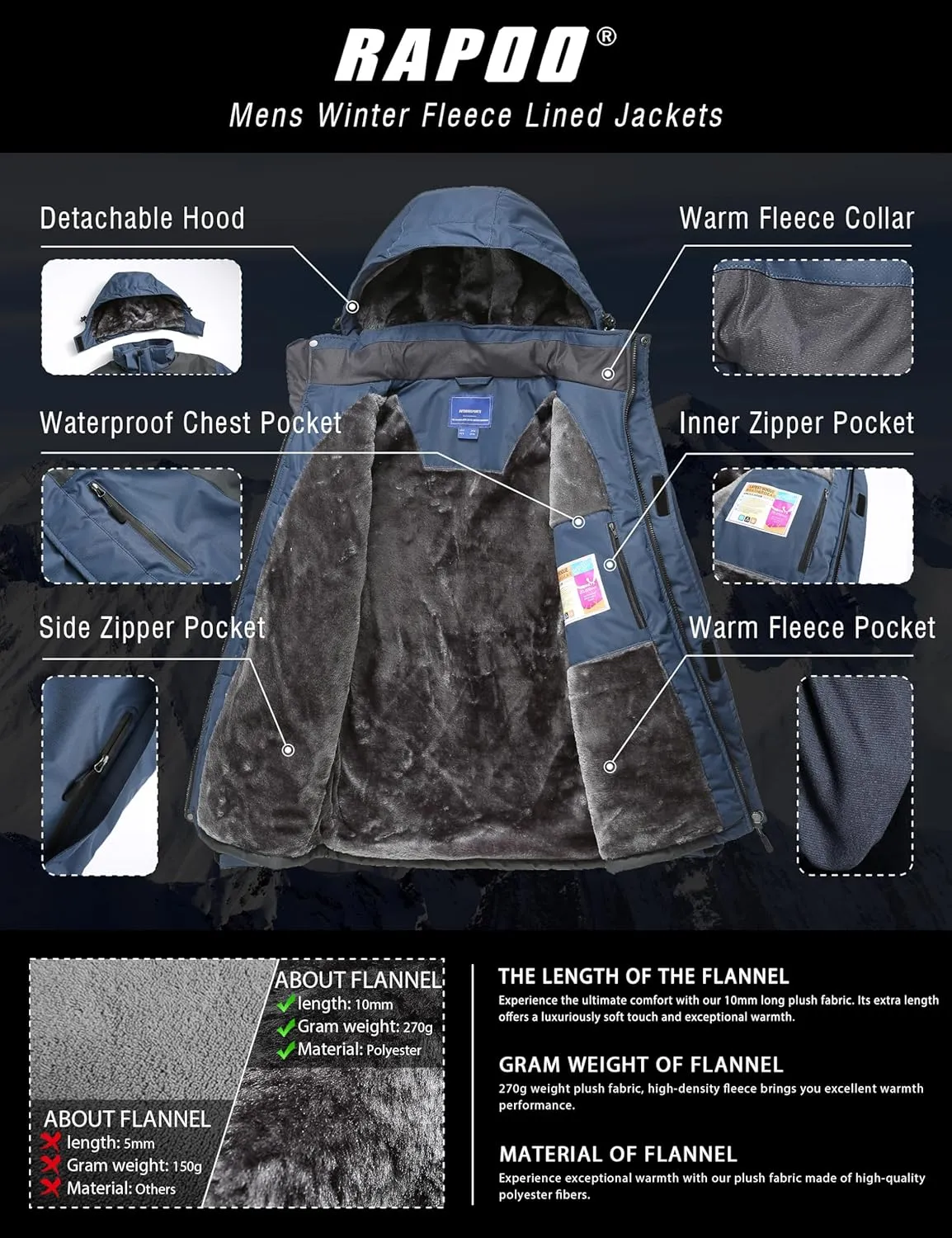 Rapoo Men's Winter Ski Snow Jacket Mountain Waterproof Windproof Rain Jacket