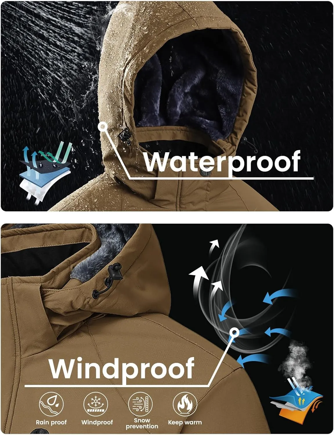 Rdruko Men's Ski Snow Jacket Waterproof Winter Insulated Fleece Hooded Outdoor Mountain Coat