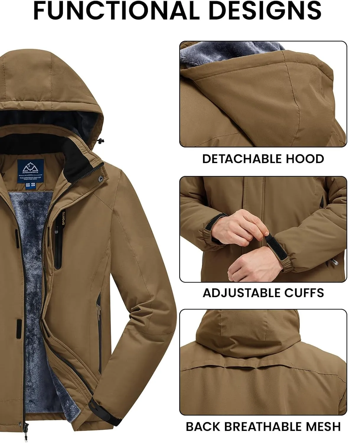 Rdruko Men's Ski Snow Jacket Waterproof Winter Insulated Fleece Hooded Outdoor Mountain Coat