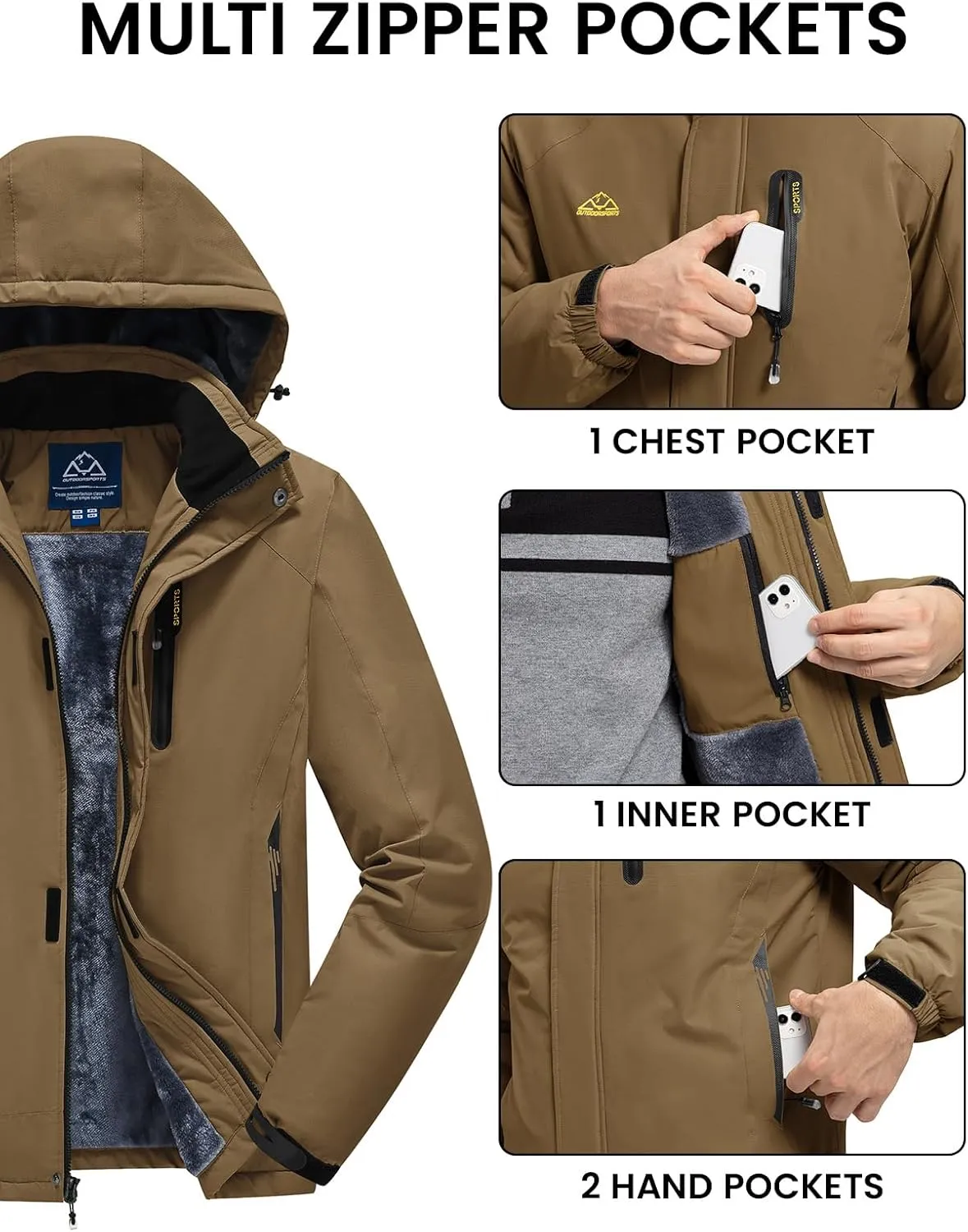Rdruko Men's Ski Snow Jacket Waterproof Winter Insulated Fleece Hooded Outdoor Mountain Coat