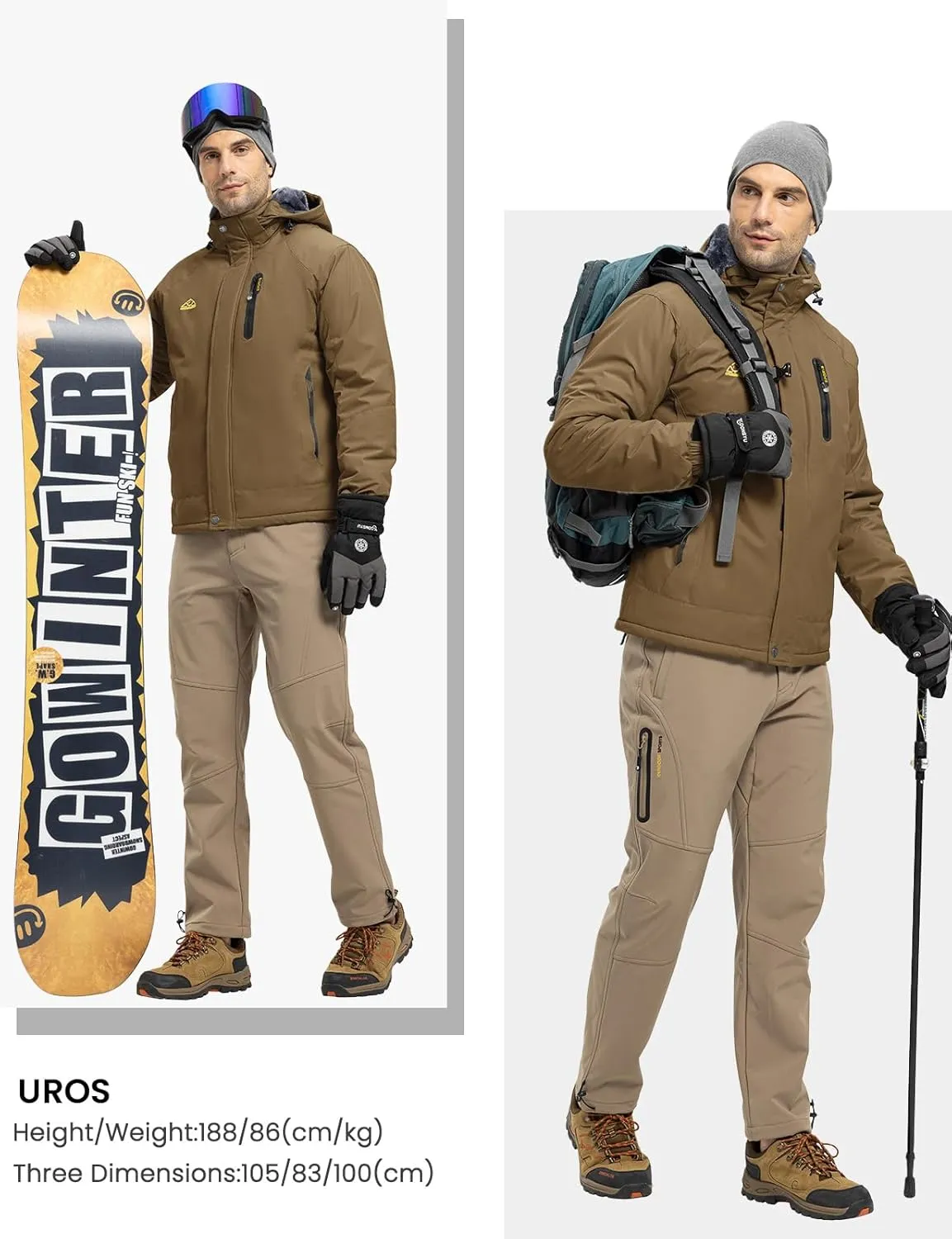 Rdruko Men's Ski Snow Jacket Waterproof Winter Insulated Fleece Hooded Outdoor Mountain Coat