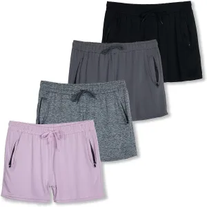 Real Essentials 4 Pack: Womens Athletic Dry-Fit Lounge Shorts with Zipper Pockets (Available in Plus Size)