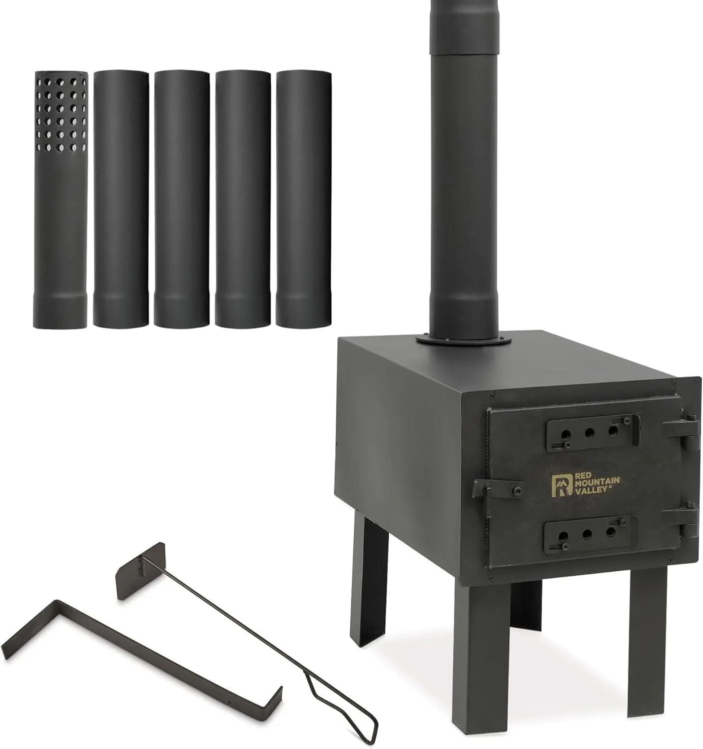 Red Mountain Valley Outdoor Portable Tent Wood Burning Stove with 5-Section Chimney and 2 Dual Rakes, Hot tiny rv cast iron tent stove for hunting,camping