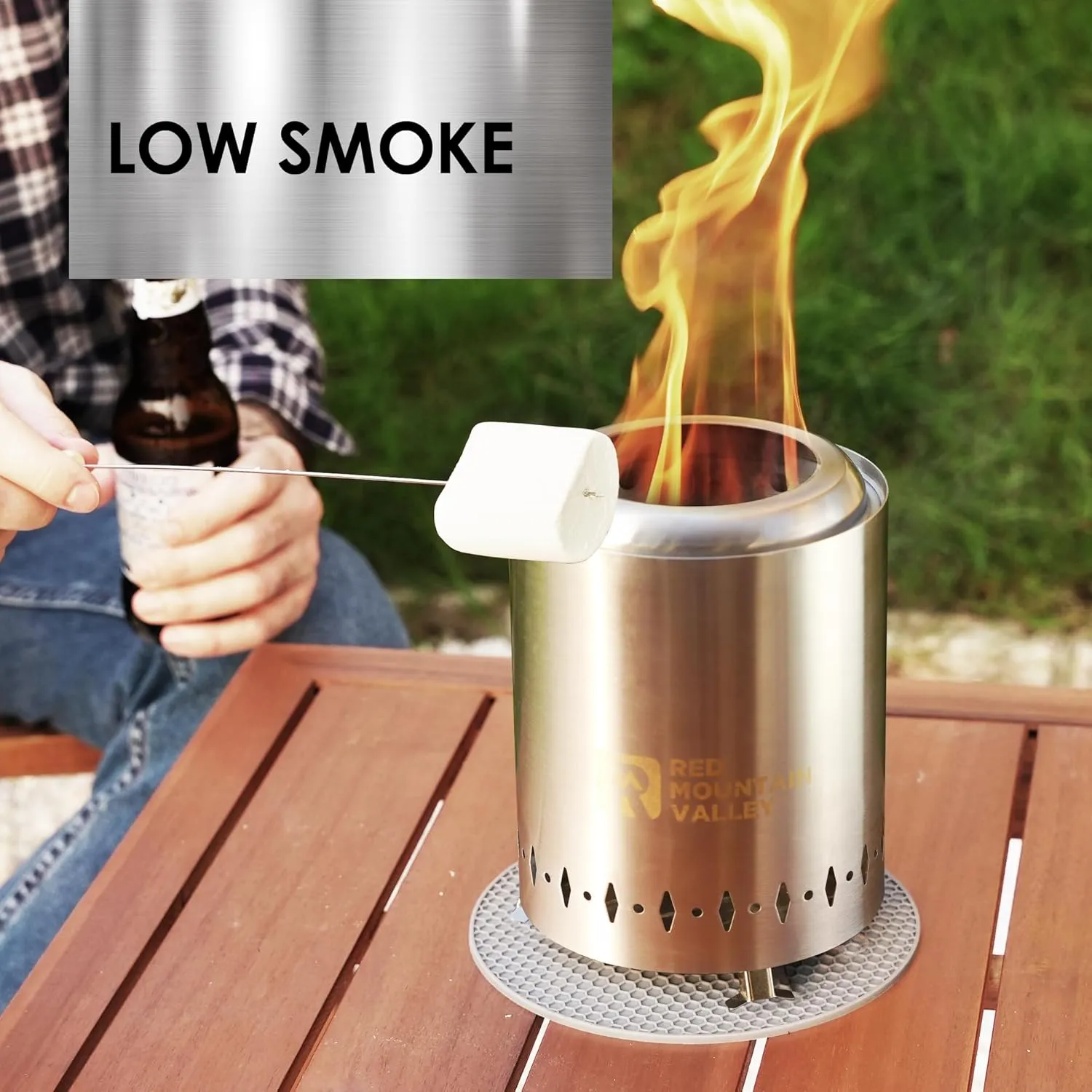 Red Mountain Valley Smokeless Tabletop Fire Pit, Portable Mini Low Smoke Camping Stove with Travel Bag and Fireproof Mat, Stainless Steel Silver, for Outdoor Enthusiasts