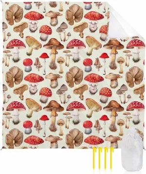 Red Mushroom Beach Blanket Large with Stakes Waterproof Sandproof,Foldable Beach Mat with Corner Pockets for Outdoor Travel Camping Hiking Picnic Essentials,Watercolor Country Botanical Plant 83"x79"