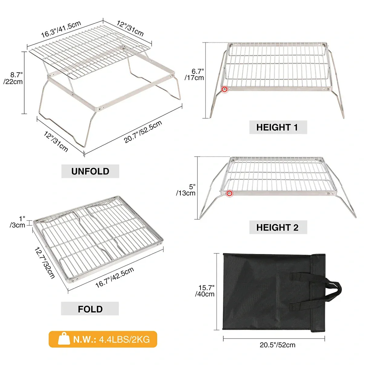 REDCAMP Folding Campfire Grill Grate With Translational Cooking Racks From Redcamp