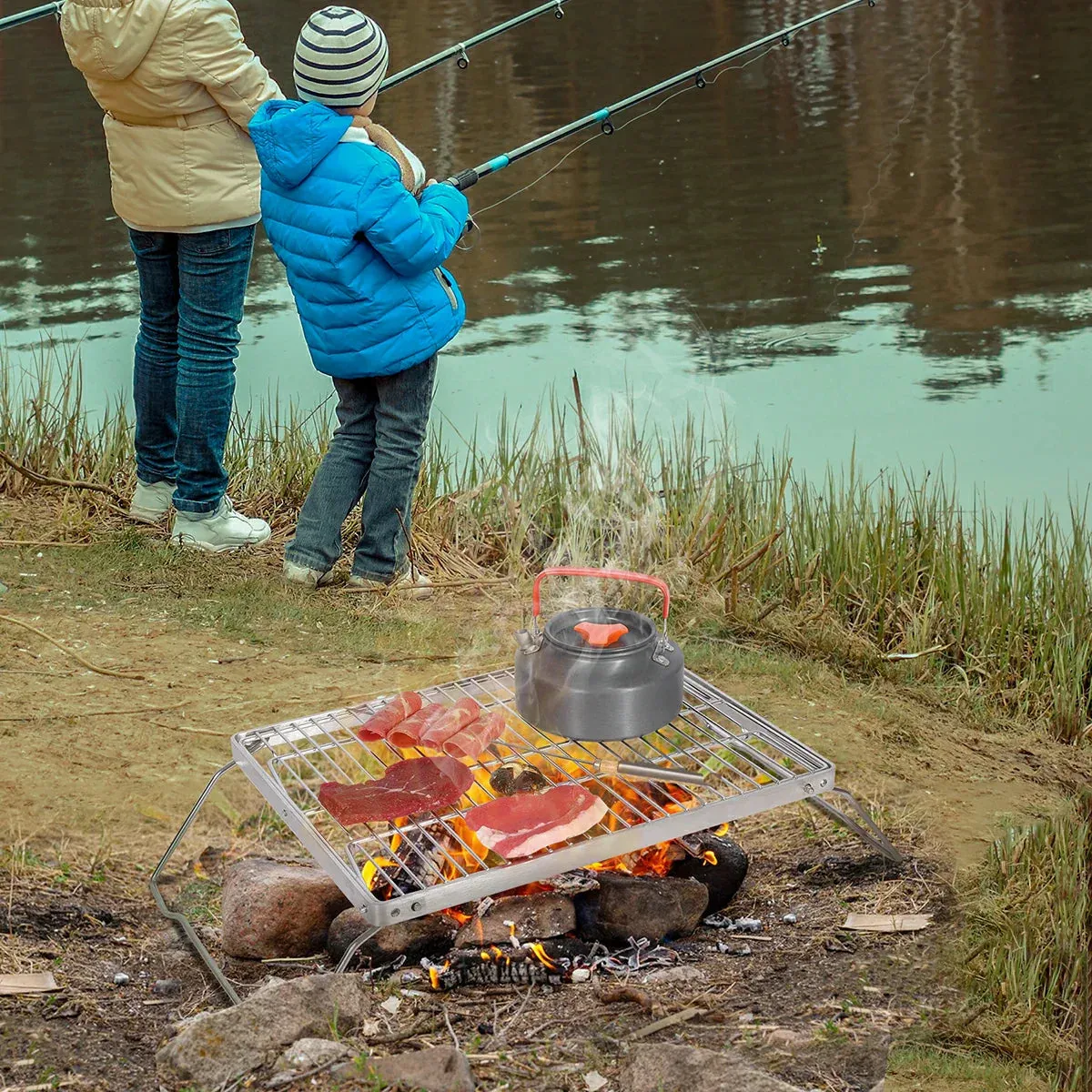 REDCAMP Folding Campfire Grill Grate With Translational Cooking Racks From Redcamp