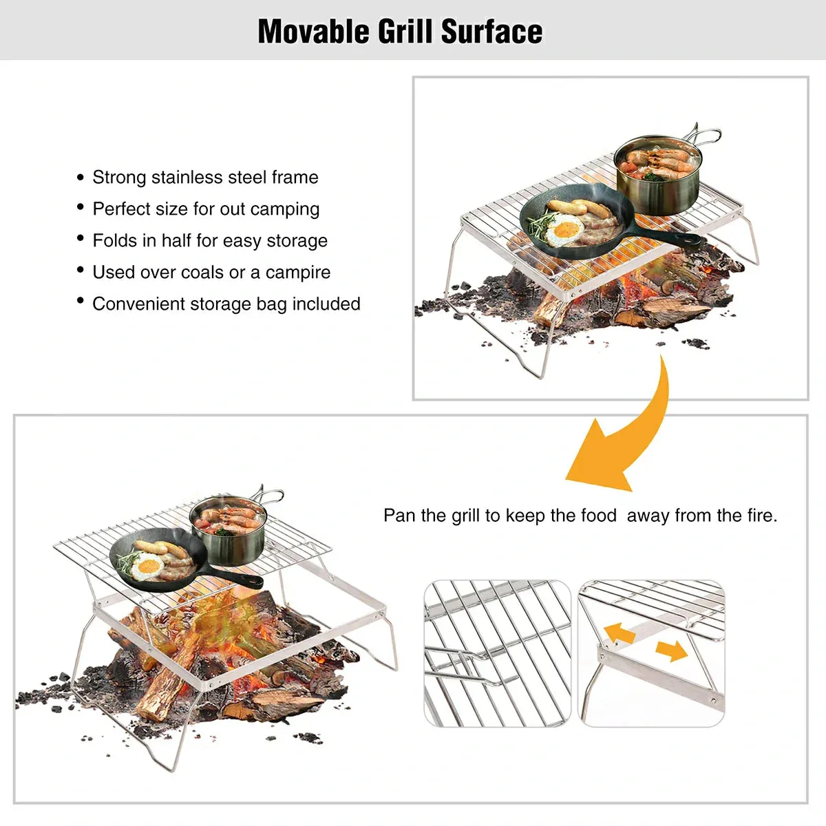 REDCAMP Folding Campfire Grill Grate With Translational Cooking Racks From Redcamp