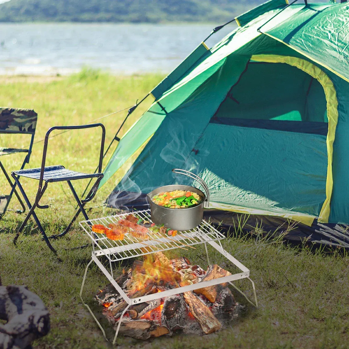 REDCAMP Folding Campfire Grill Grate With Translational Cooking Racks From Redcamp