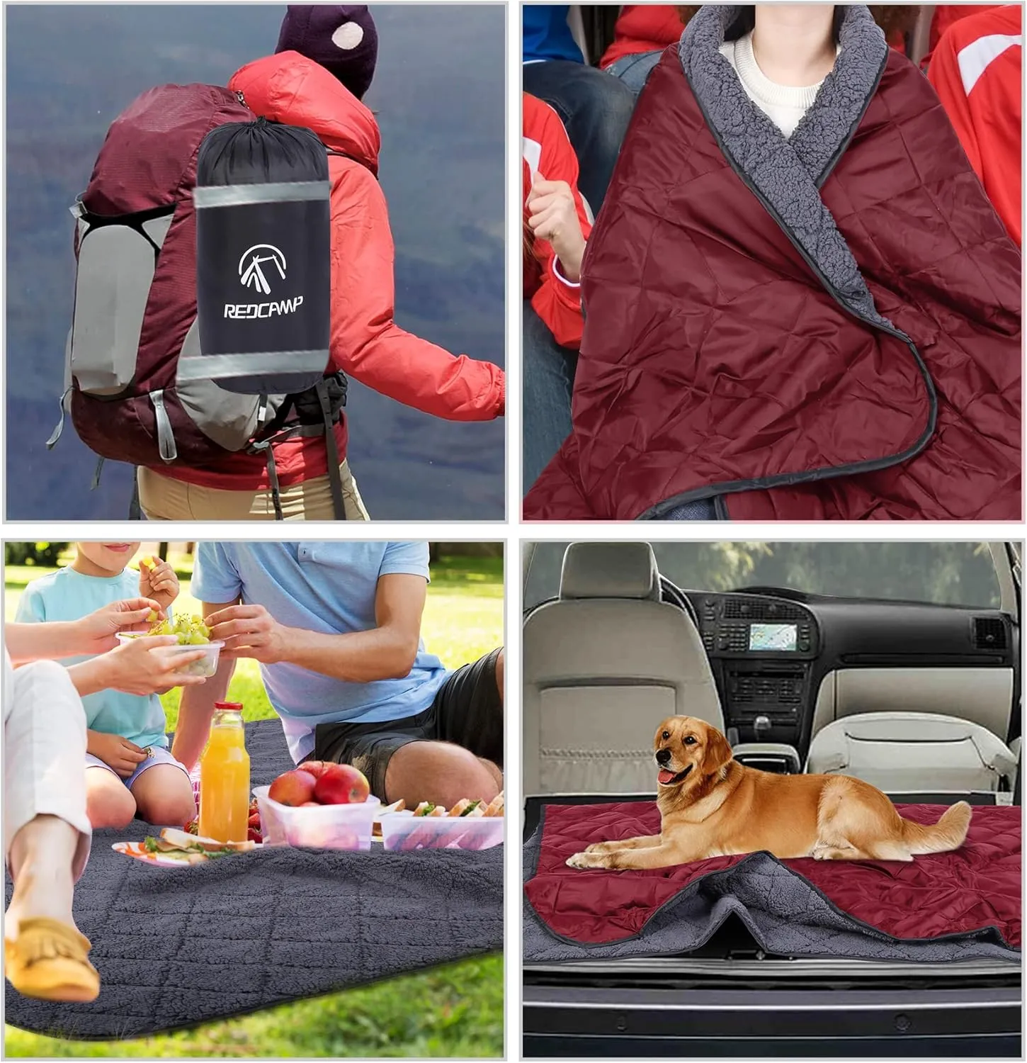 REDCAMP Large Camping Blanket with Sherpa Lining, Cold Weather Warm Outdoor Blanket Windproof for Camping Stadium, Machine Washable 59"x 79" Red