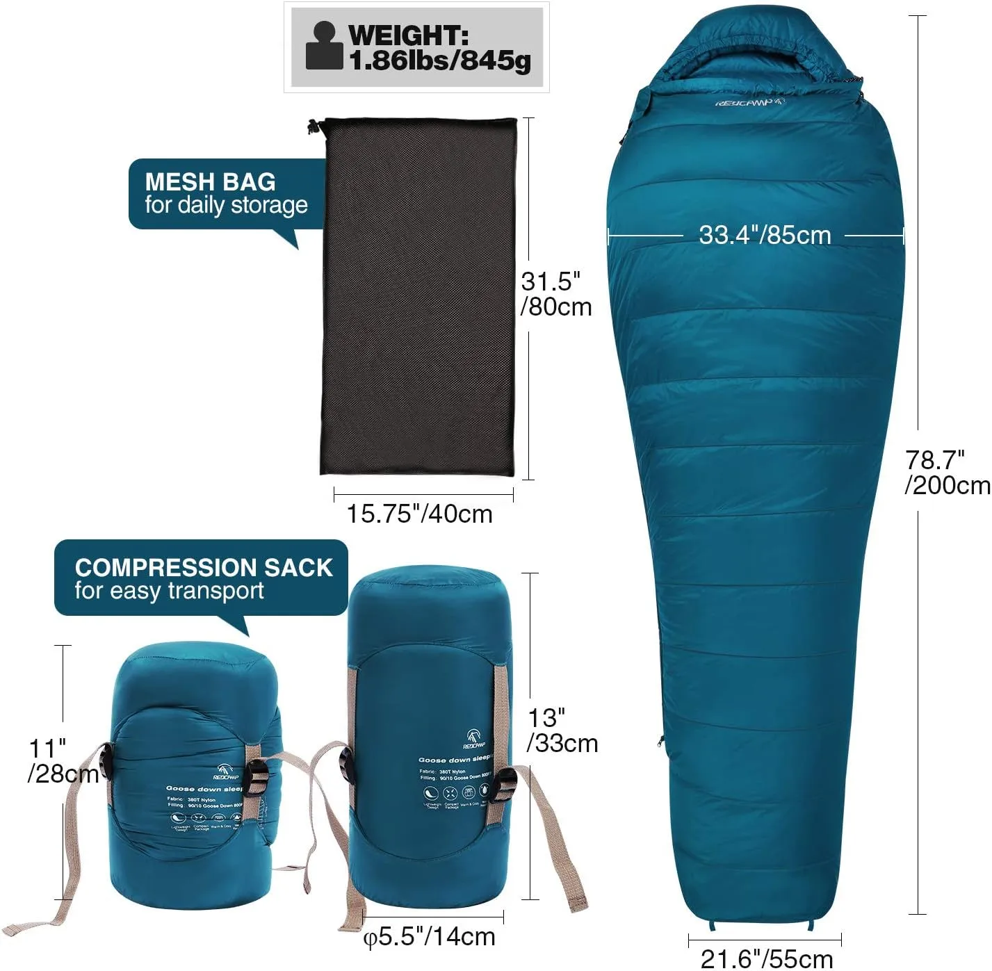 REDCAMP Mummy Goose Down Sleeping Bag Ultralight for Backpacking, 59 Degree F 800 Fill 3 Season Sleeping Bag for Camping Hiking, Cyan/Black