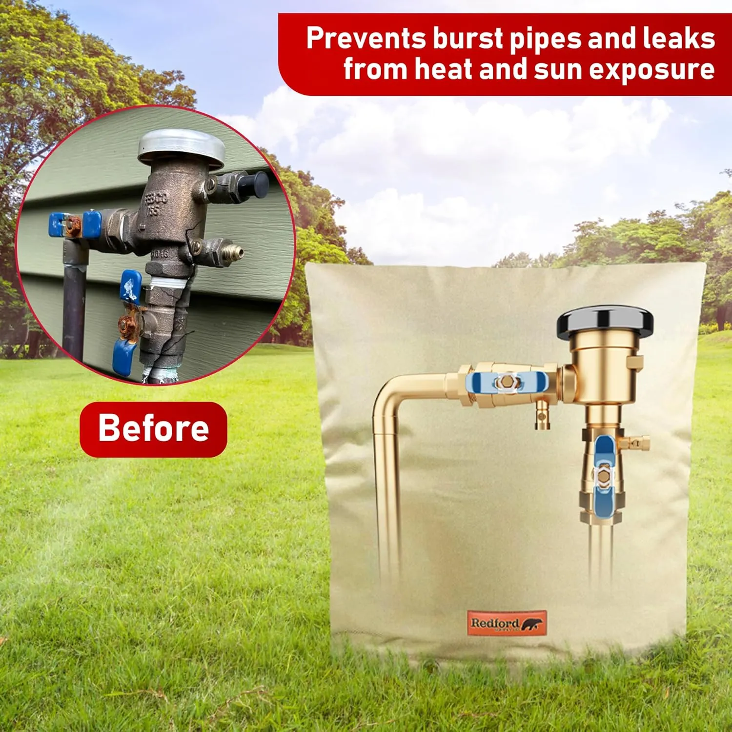 Redford Supply Co. Cold Snap (5°F) Backflow Preventer Insulation Cover, 24" W x 24" H, Pipe Insulation, Water Sprinkler Covers for Outside, Sprinkler Backflow Cover for Winter, Well Pump Bag (Beige)