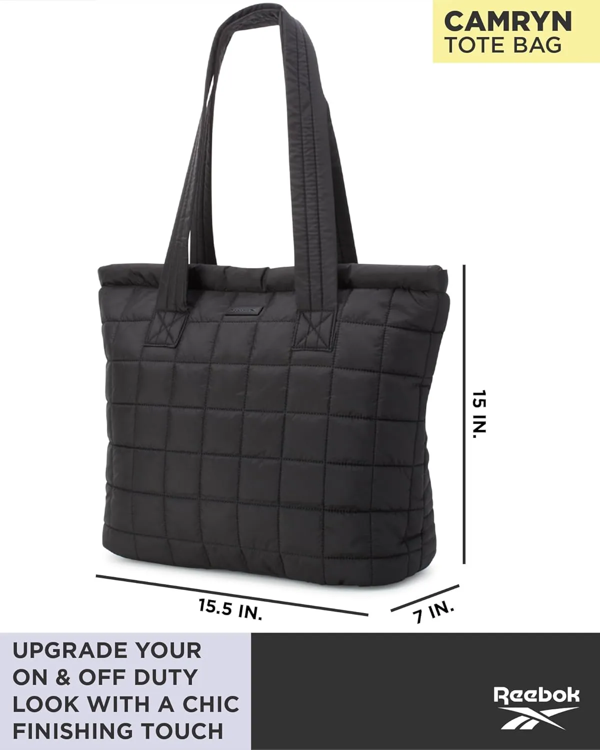 Reebok Womens Tote Bag - Lightweight Quilted Carry On Puffer Tote Bag for Women for Gym, Work, Travel, and Everyday Use
