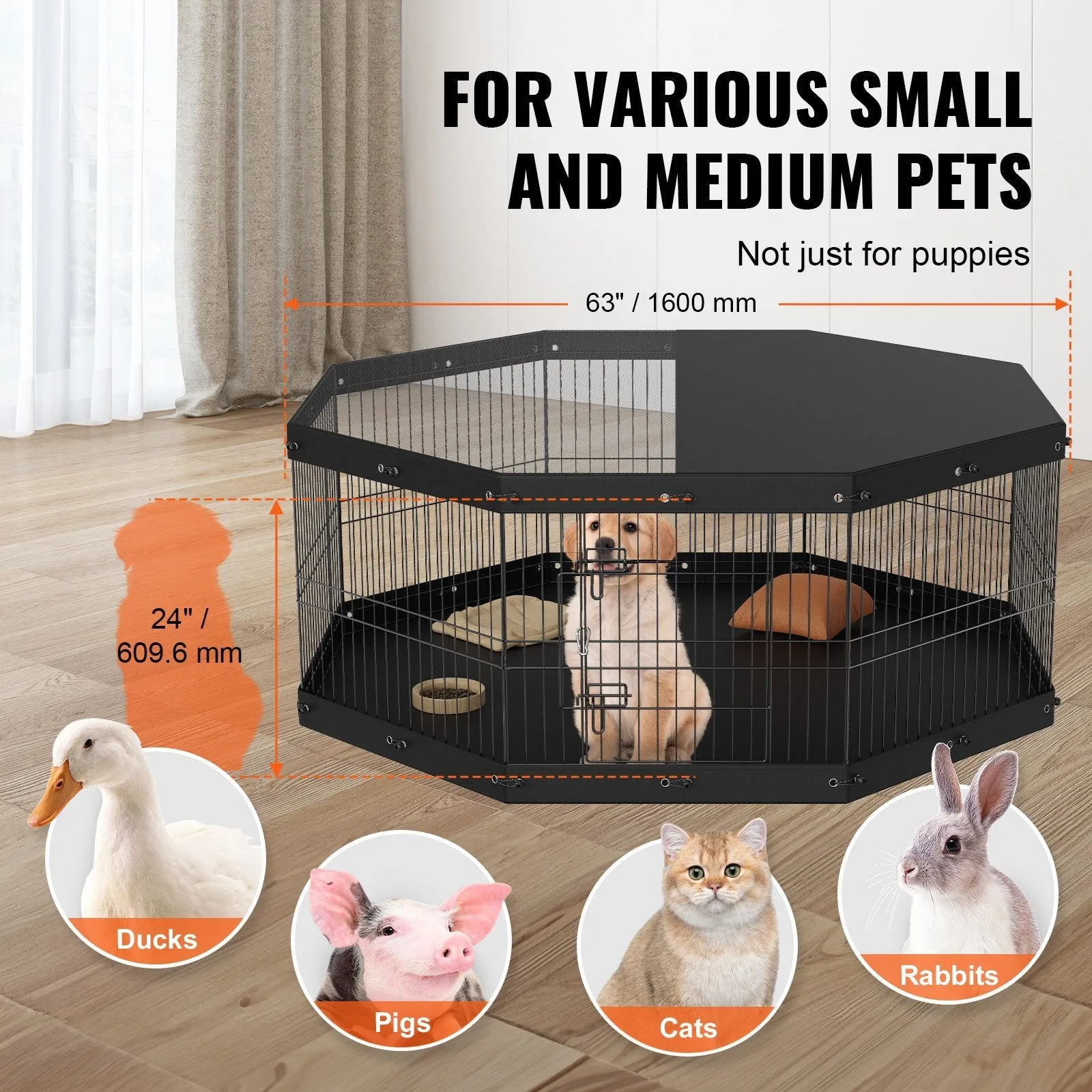 RESTOCKING  8 Panel Foldable Dog Playpen with Top Cover and Bottom Pad - 63"